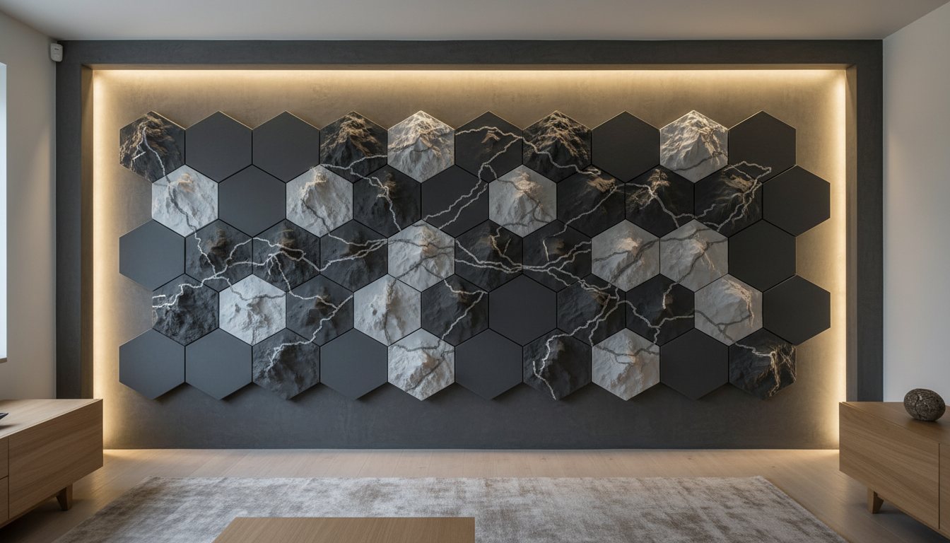 Wall of hexagonal terrain tiles lit by warm LED strips