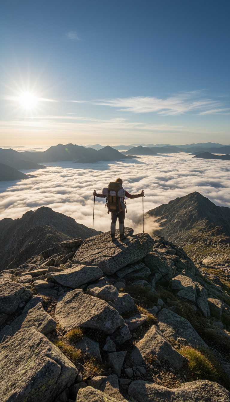 Hiker on a summit above the clouds