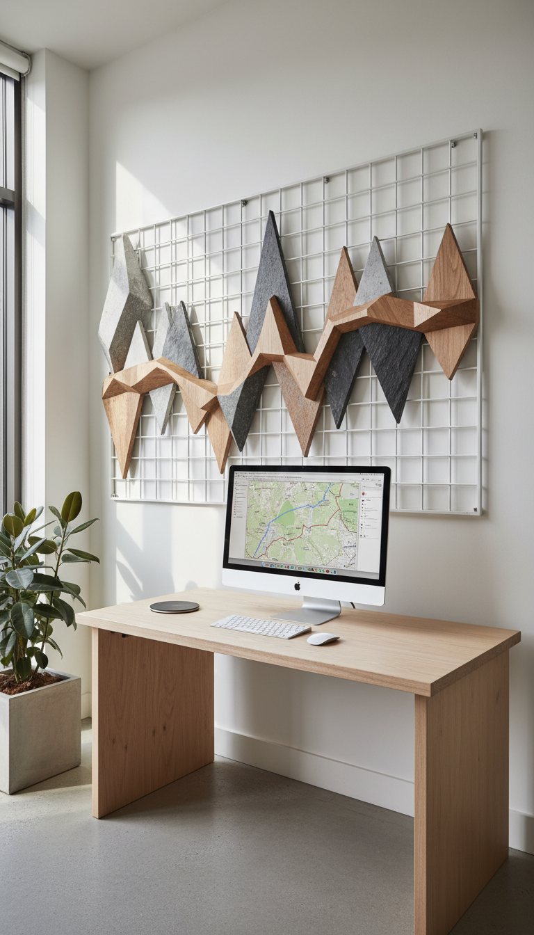Home office with a wall of terrain pieces