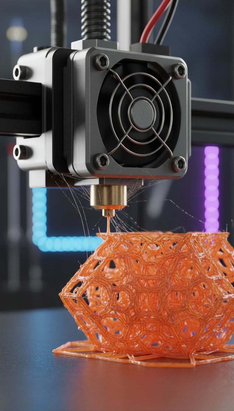 Printer nozzle building an orange lattice