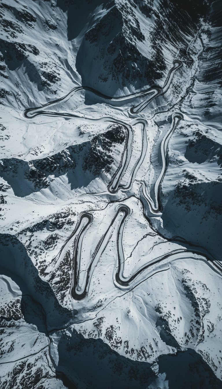 Aerial view of snowy mountain switchbacks
