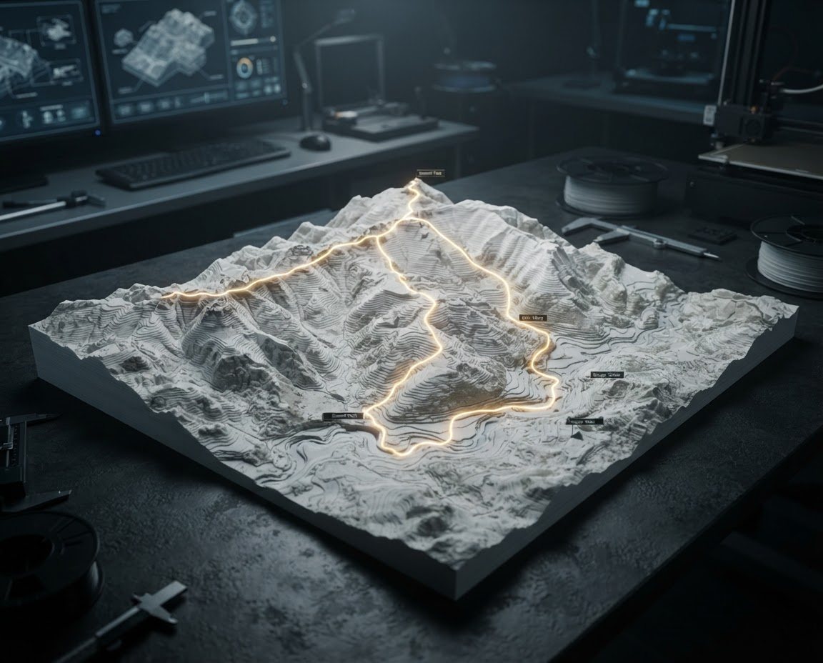 White terrain model with a glowing trail in the SAKIO lab