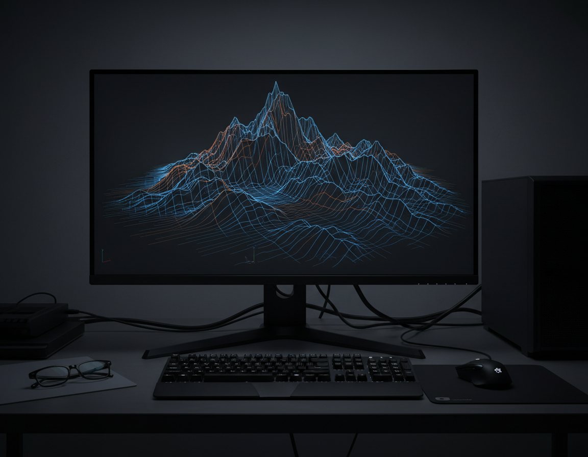 Terrain wireframe being modelled on a studio monitor
