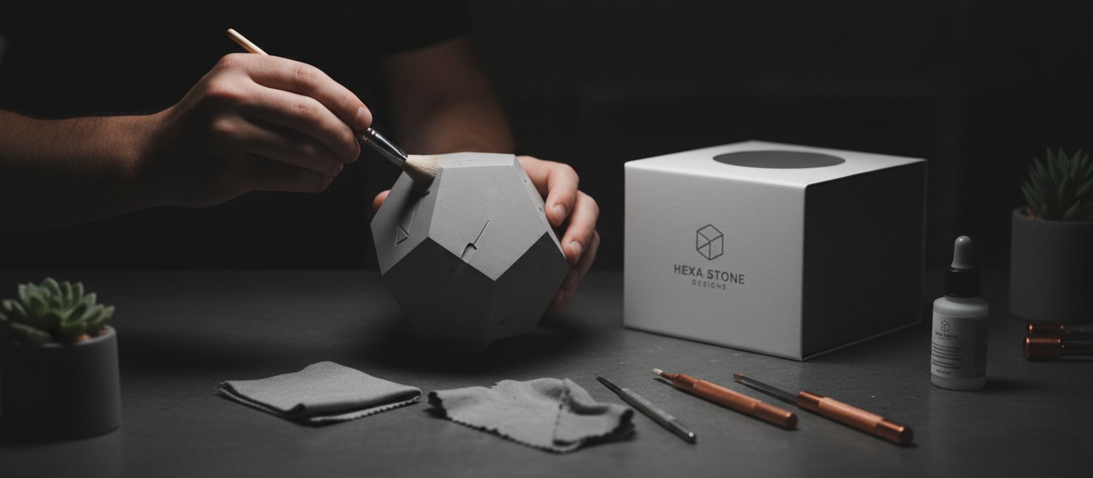 Hand finishing a printed piece next to its packaging