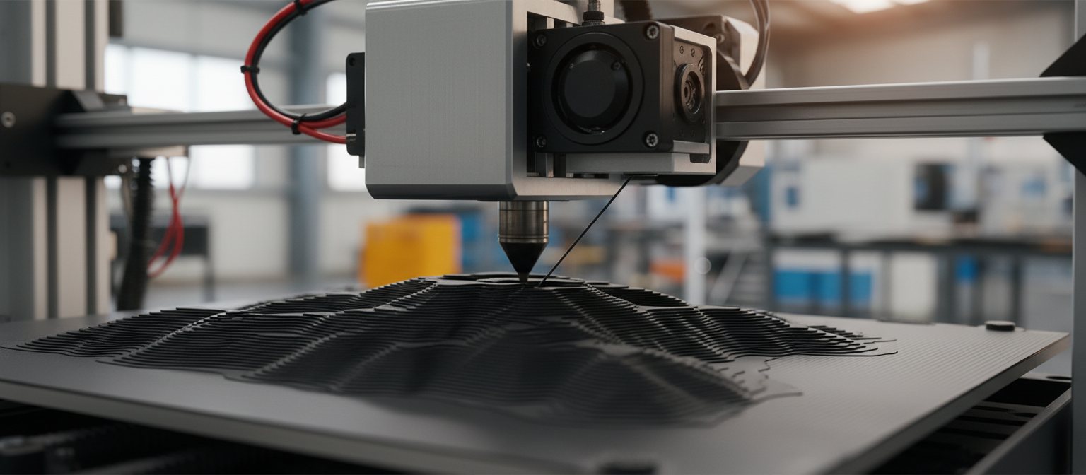 3D printer fabricating a mountain relief