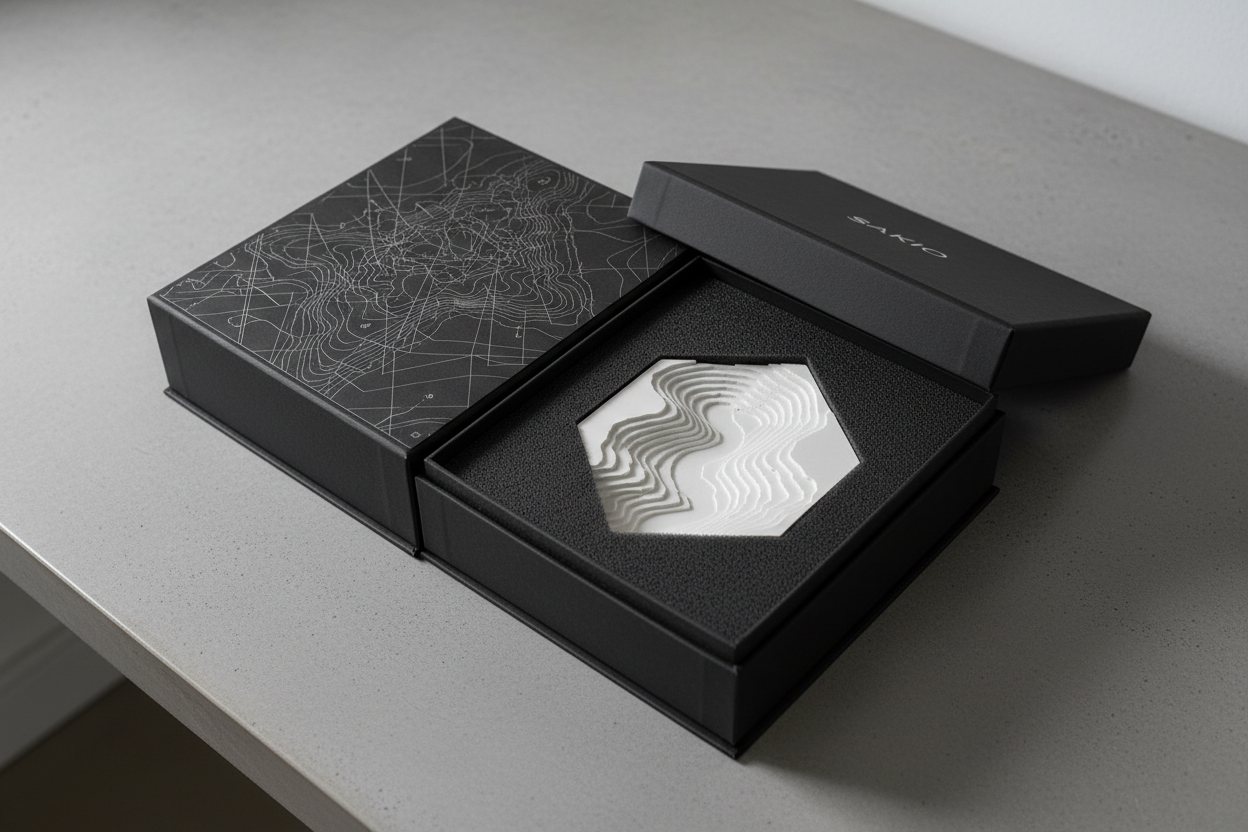 Black SAKIO box with a hexagonal tile nested in foam