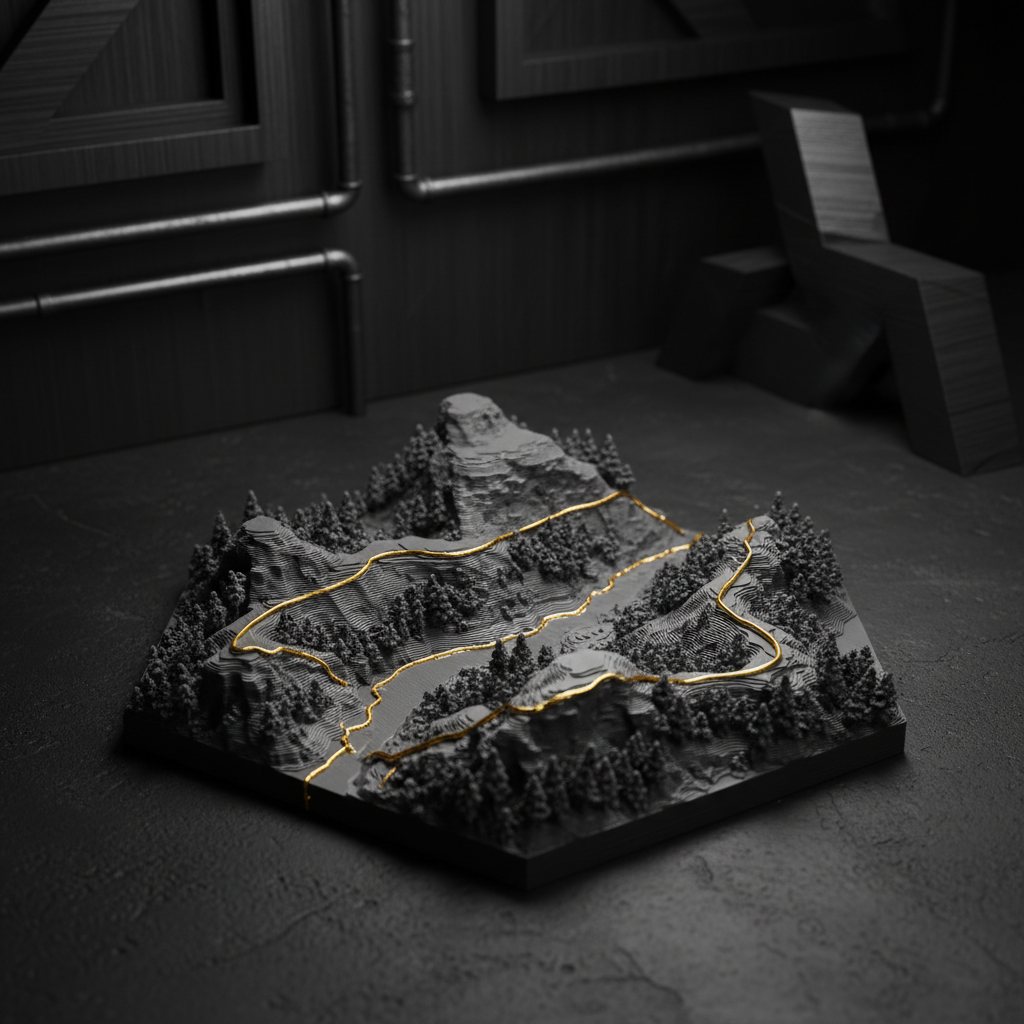 Forest terrain tile with a gold trail on a concrete floor